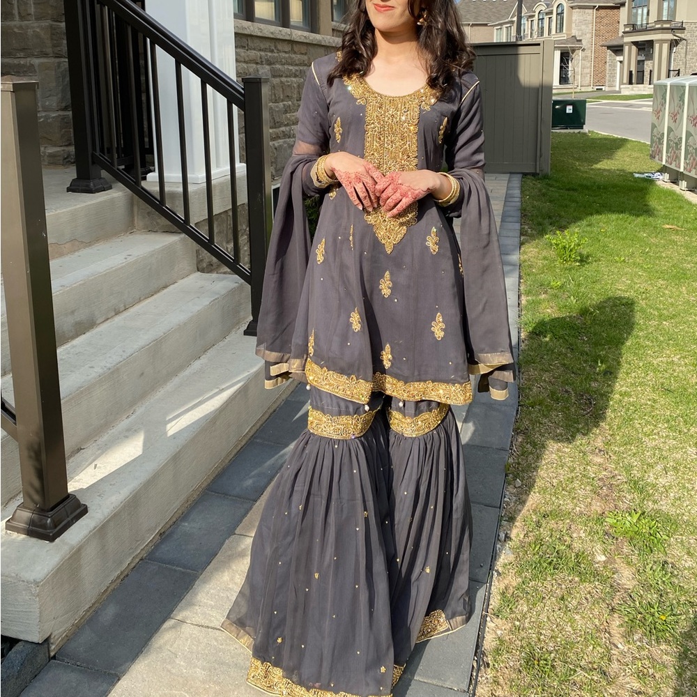 Dark grey and gold gharara frock
